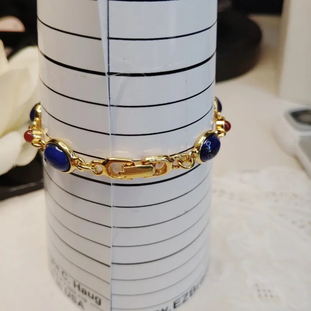 Gold‑Tone Lapis Lazuli & Carnelian Cabochon Link Bracelet, 7.5